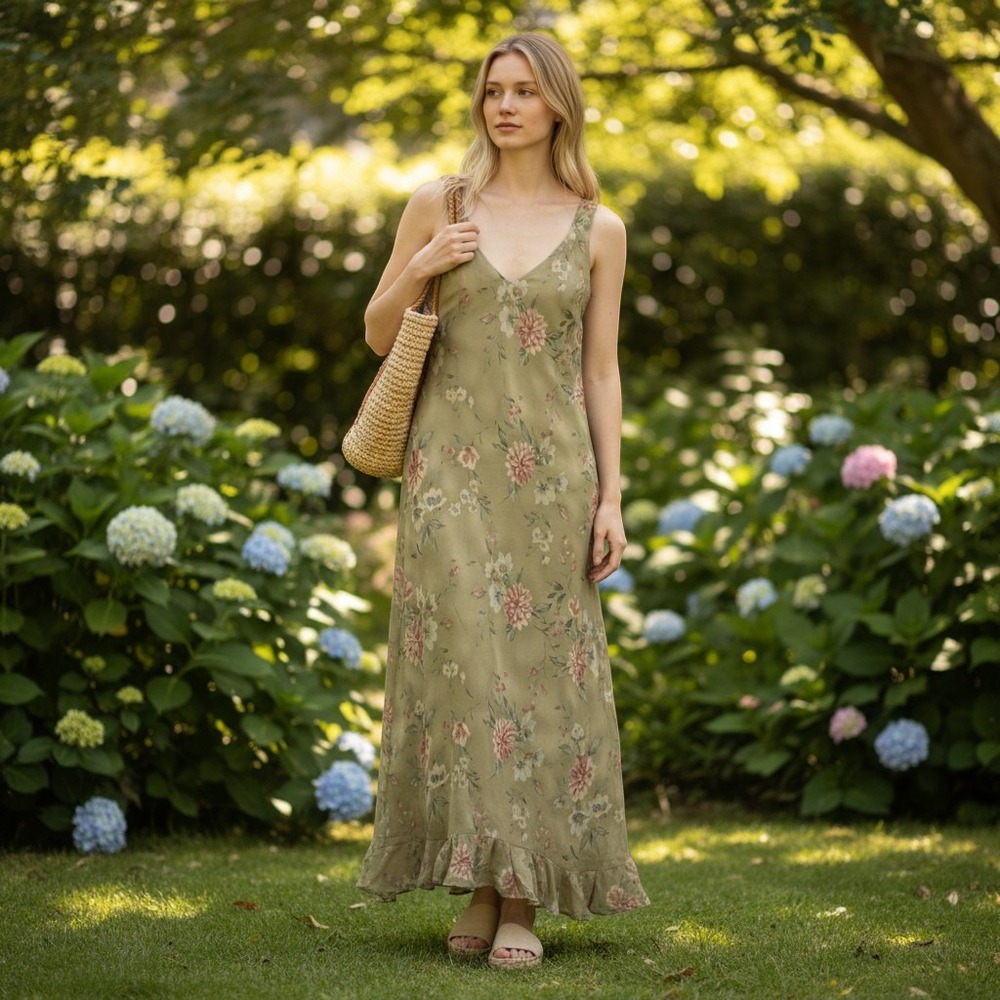 Positive Attitude Floral Maxi Dress Womens 14 Green Vintage